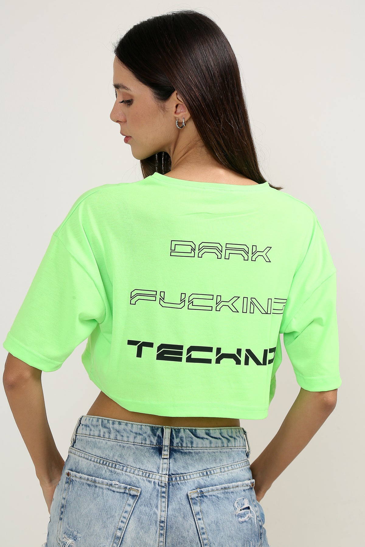 Dark Fcking Techno Oversize Neon Yeşil Crop-Top Kadın T-Shirt