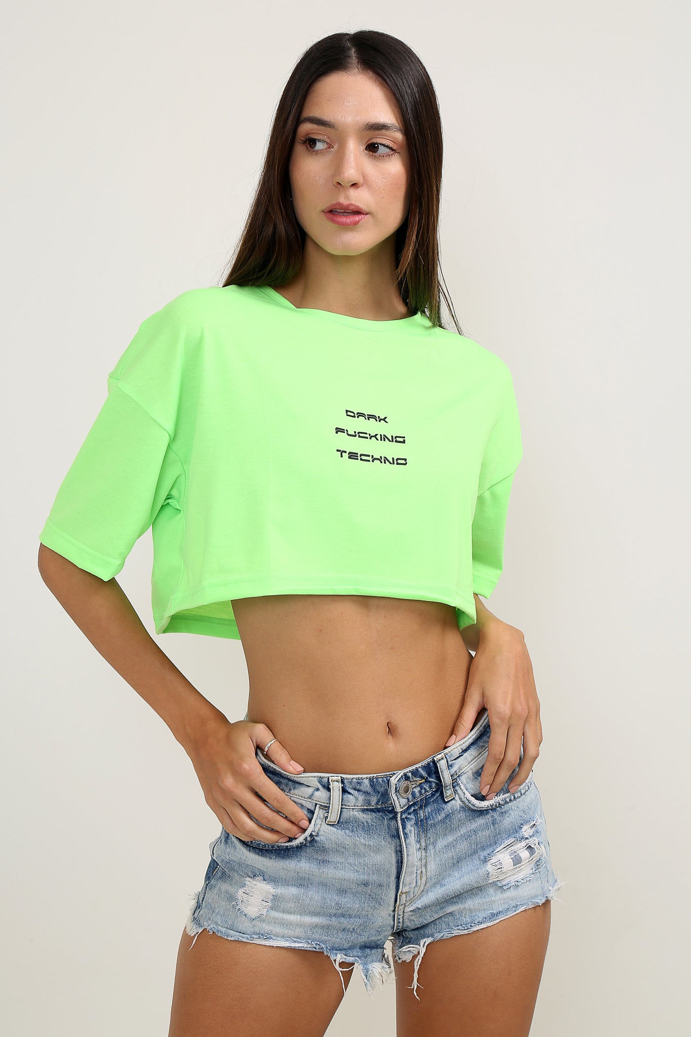 Dark Fcking Techno Oversize Neon Yeşil Crop-Top Kadın T-Shirt