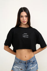 Dark Fcking Techno Oversize Reflektörlü Siyah Crop-Top Kadın T-Shirt