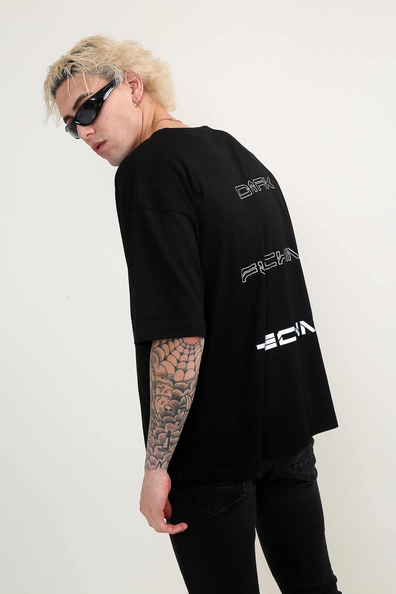 Dark Fcking Techno Oversize Reflektörlü Siyah T-Shirt