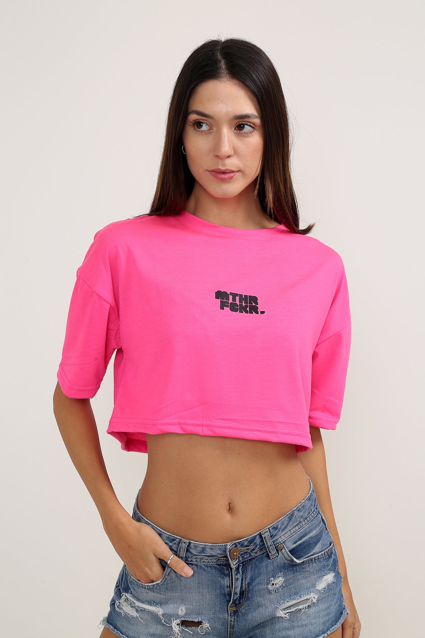 MTHRFCKR Oversize Neon Pembe Crop-Top Kadın T-Shirt
