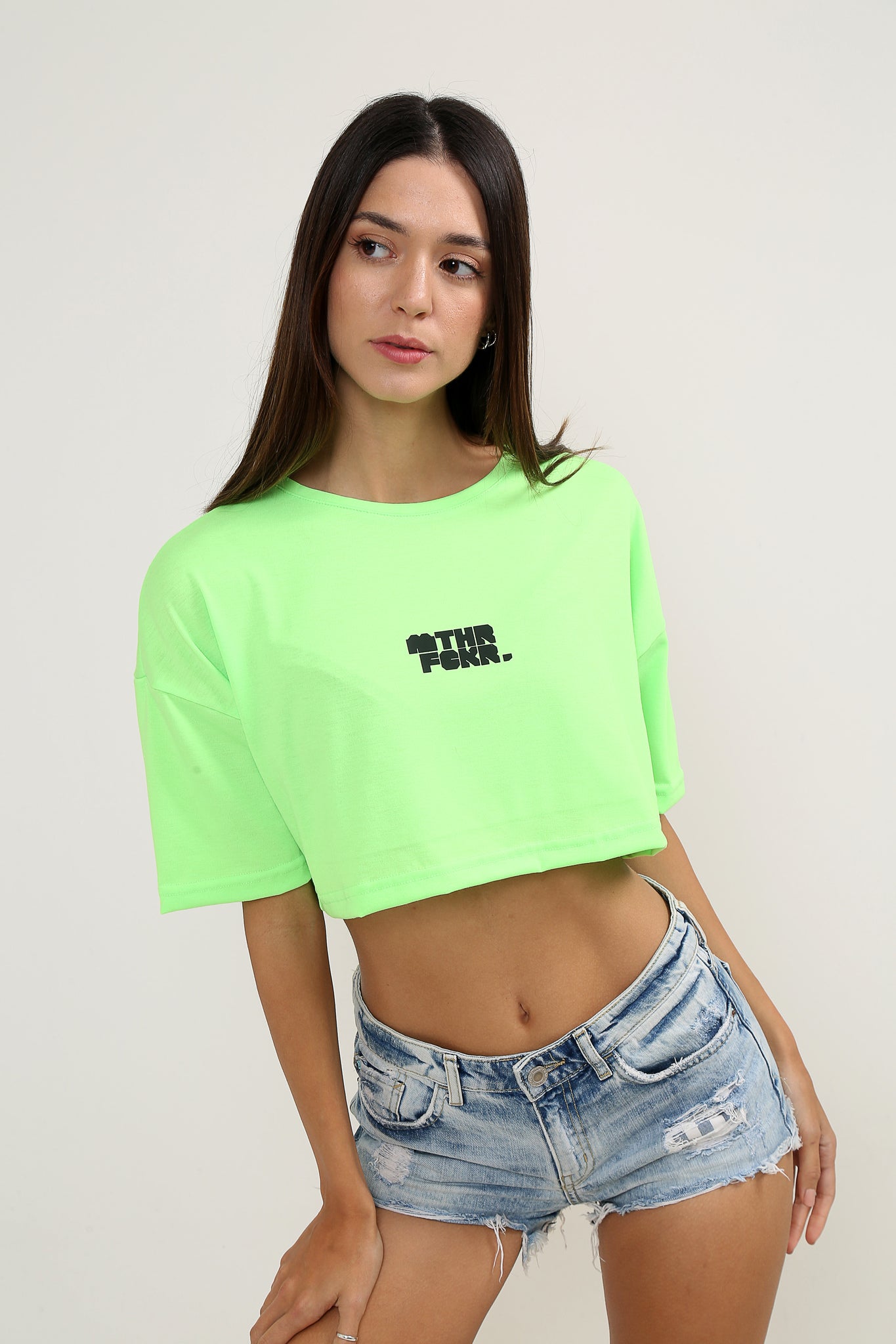 MTHRFCKR Oversize Neon Yeşil Crop-Top Kadın T-Shirt