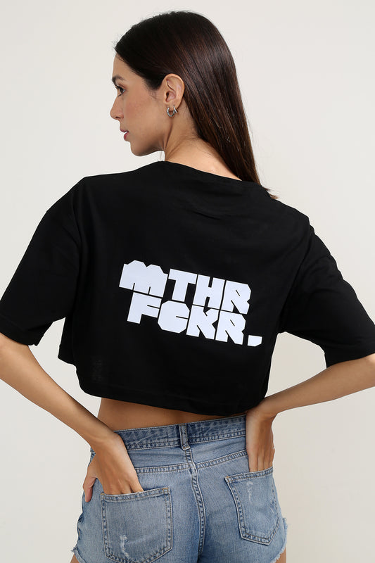 MTHRFCKR Oversize Reflektörlü Siyah Crop-Top Kadın T-Shirt