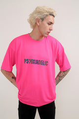 Psychadelic Oversize Hologram Baskılı Neon Pembe T-shirt