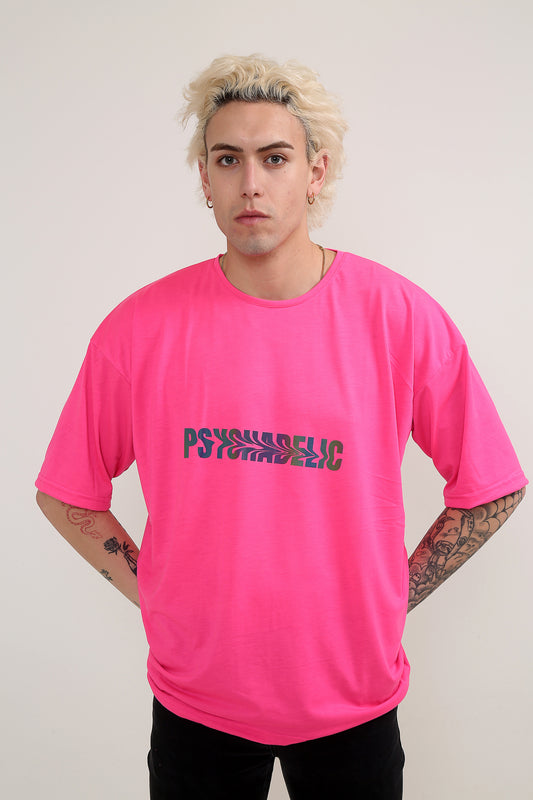 Psychadelic Oversize Hologram Baskılı Neon Pembe T-shirt