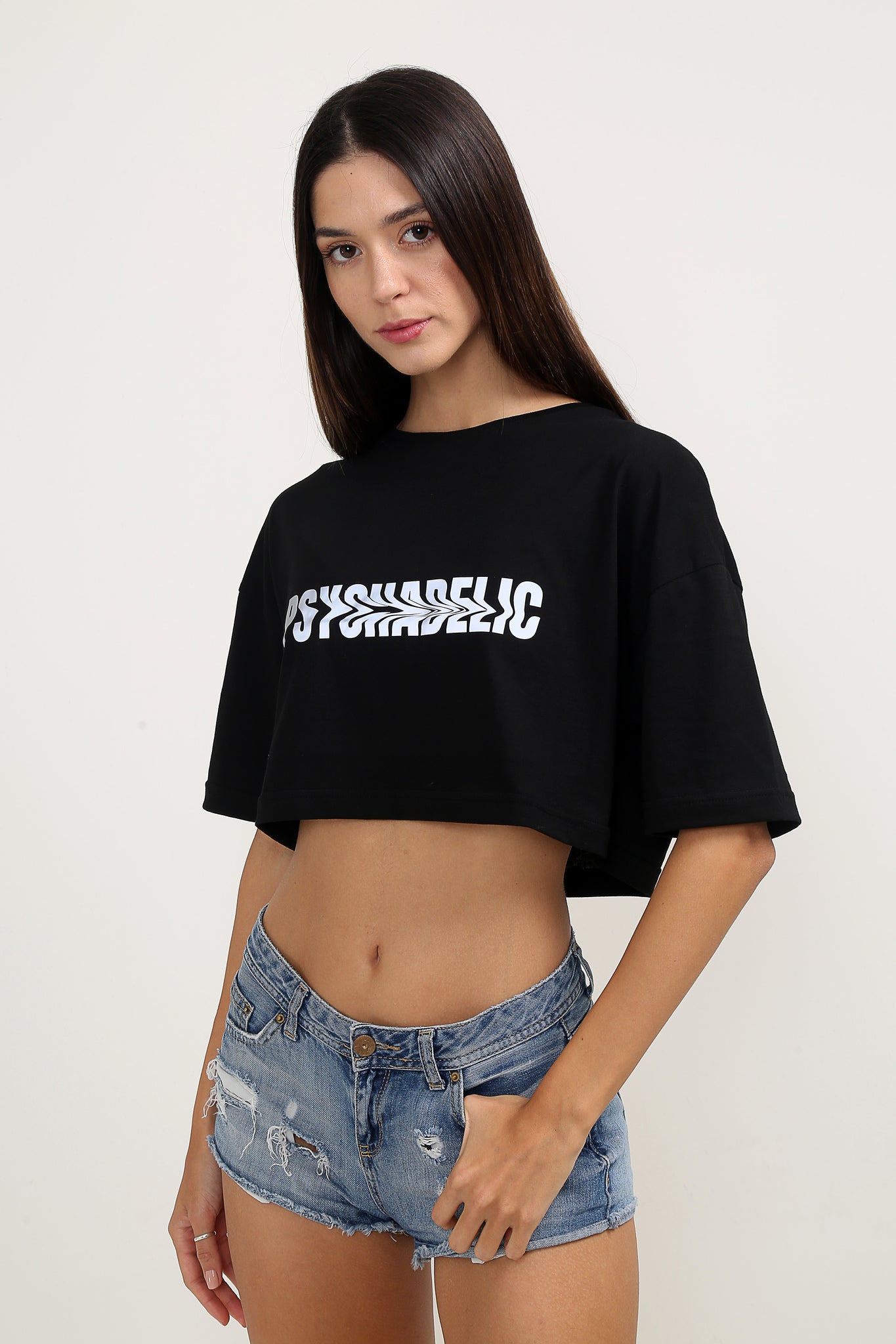 Psychadelic Reflektörlü Siyah Crop-top Kadın T-shirt