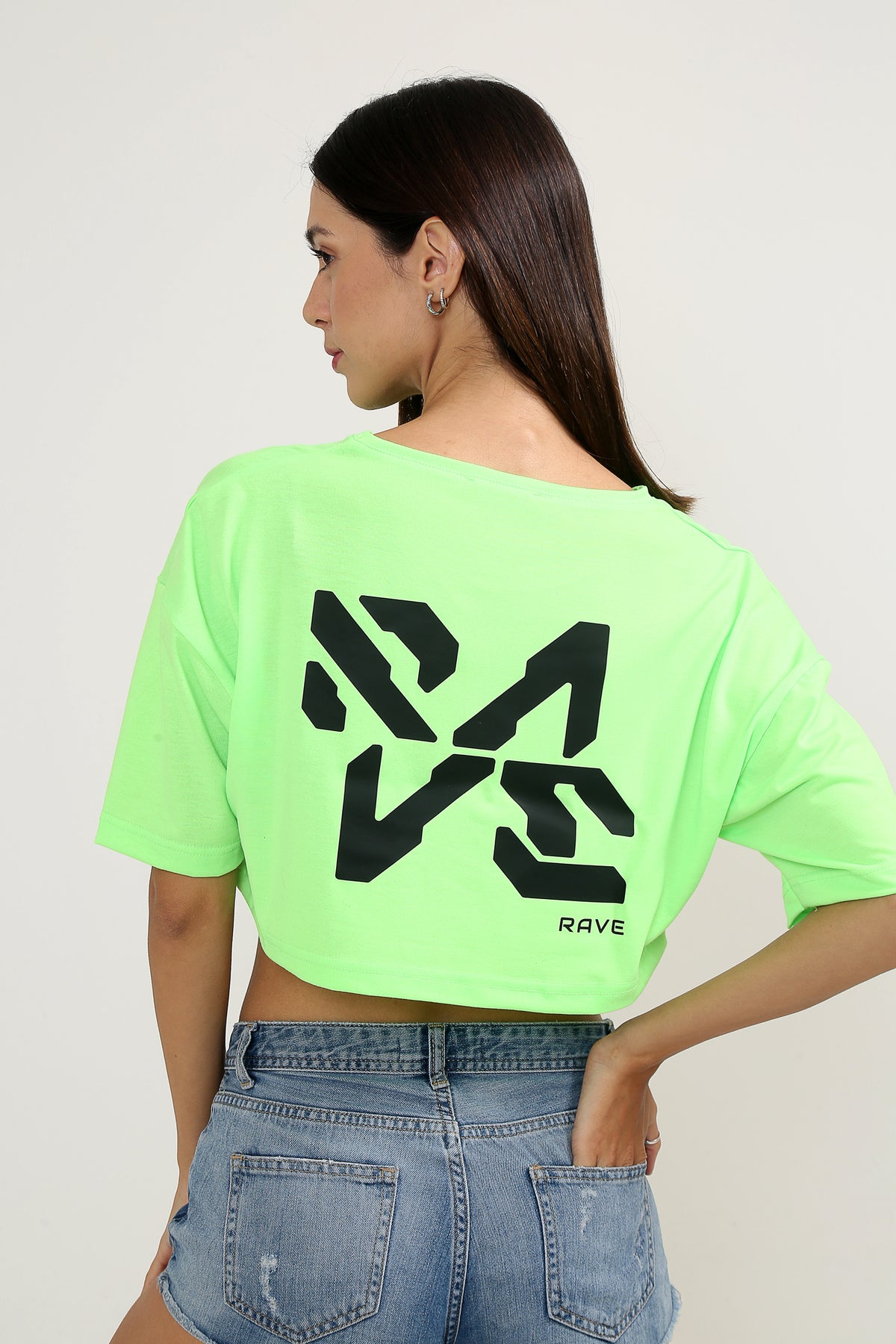 Rave Oversize Neon Yeşil Crop-Top Kadın T-shirt