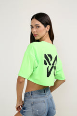 Rave Oversize Neon Yeşil Crop-Top Kadın T-shirt
