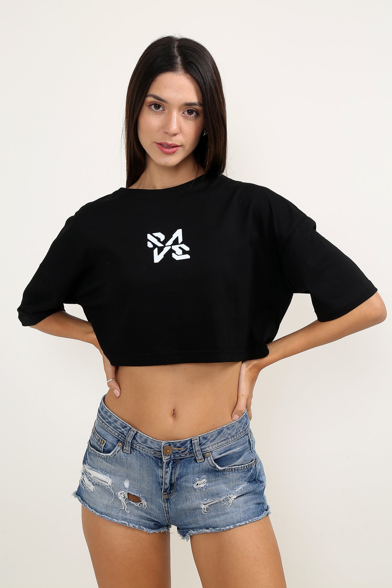 Rave Oversize Siyah Reflektörlü Crop-Top Kadın T-shirt