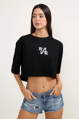 Rave Oversize Siyah Reflektörlü Crop-Top Kadın T-shirt