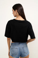 Sativa Oversize Reflektörlü Siyah Crop-top Kadın T-shirt