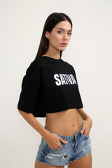 Sativa Oversize Reflektörlü Siyah Crop-top Kadın T-shirt