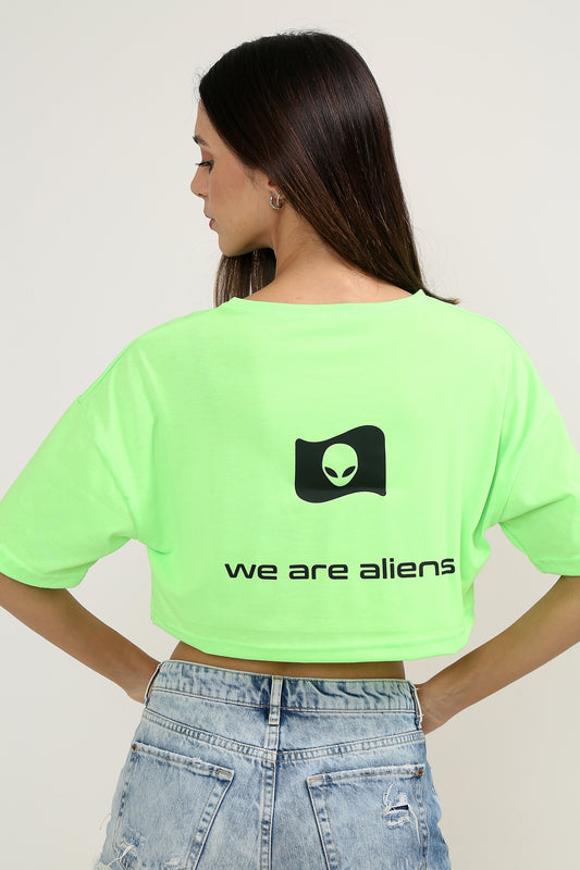 We Are Aliens Oversize Neon Yeşil Crop-Top Kadın T-shirt